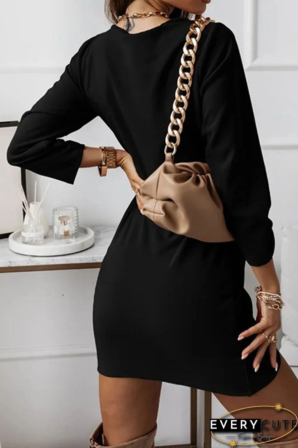 Fashion Elegant Solid Split Joint Fold V Neck Pencil Skirt Dresses(4 Colors)