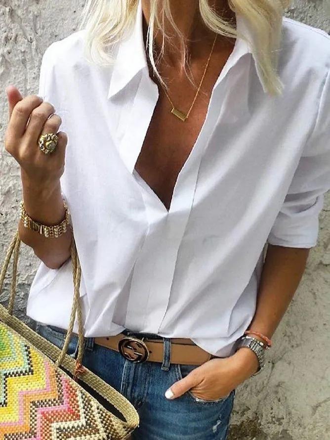 Women White Long Sleeves Collar Solid Casual Shirts