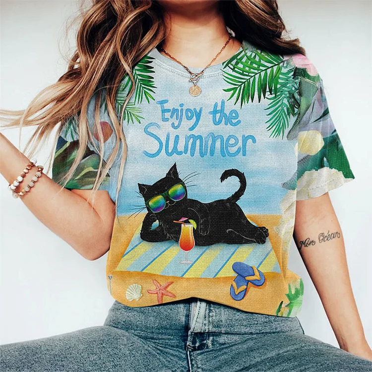 Women's Funny Vacation Enjoy Summer Cat Print Short Sleeve T-shirt