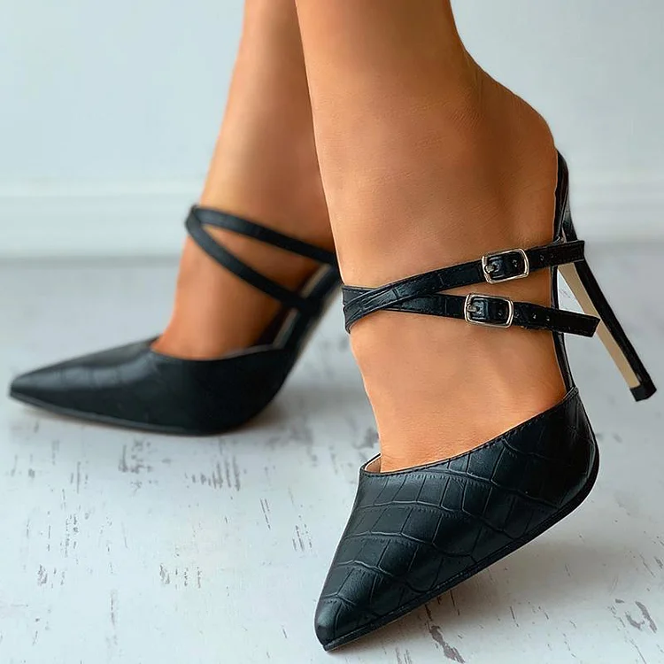 Black Croco Embossed Print Mules Pointy Toe Stiletto Shoes Buckle Heels |FSJ Shoes