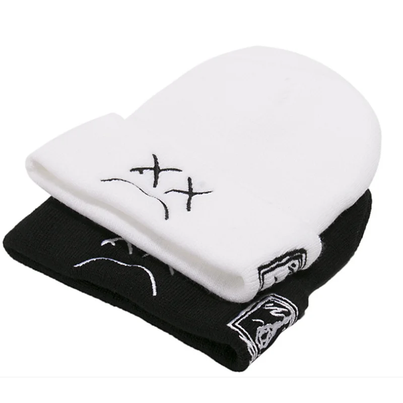 Embroidered Knitted Hat With Sad Face Expression-inspireuse