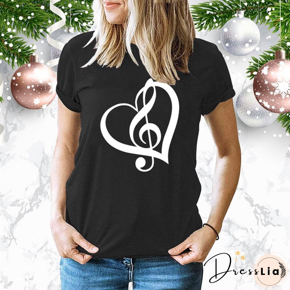 Cute Music Printed T-Shirts Women Short Sleeve Funny Round Neck Tee Shirt Casual Summer Tops