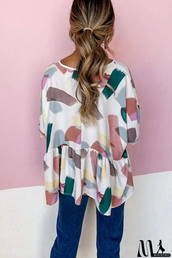 MidiSono - Print Cuffed Sleeves Peplum Blouse