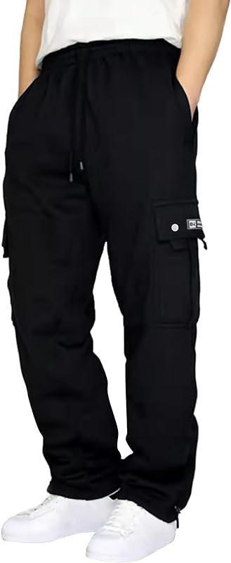 Men's Heavyweight Cargo Fleece Sweatpants Stretch Elastic Waist Trousers Drawstring Loose Fit Joggers With Pockets