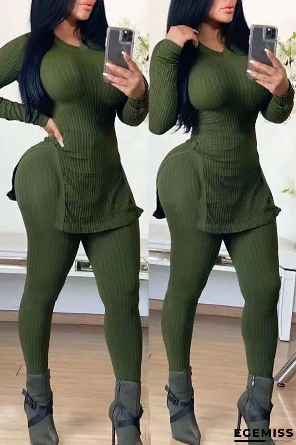 Green Sexy Fashion adult Split Two Piece Suits Solid pencil Long Sleeve | EGEMISS