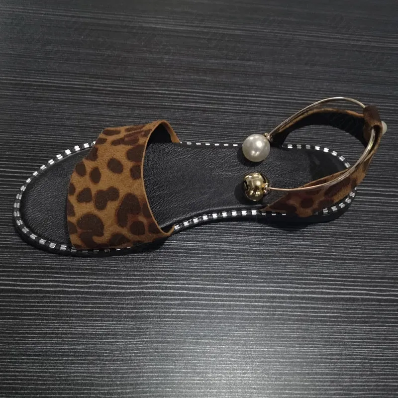New Leopard Print Summer Women Metal Beaded Sandal Slippers Shoes Women Lady Flats Flip Flop Casual Flat Slingback Sandals Shoes
