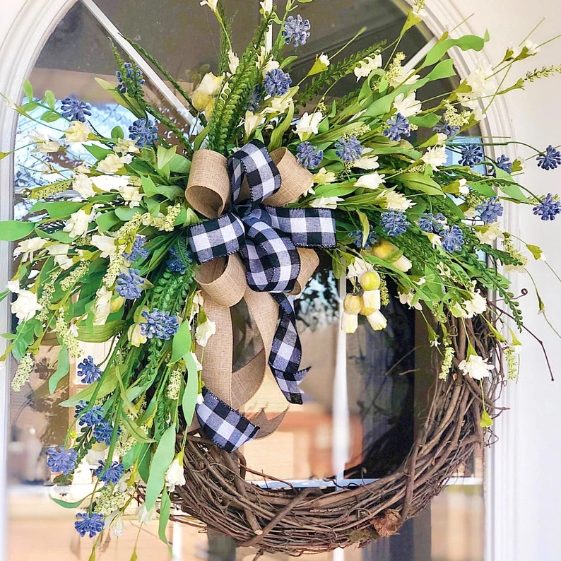Spring Summer Wreath Cream Blossom & Lavender with Buffalo Plaid Ribbon