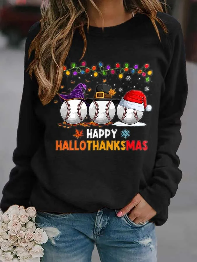 Baseball Happy Hallothanksmas Maple Snowflake Print Sweatshirt