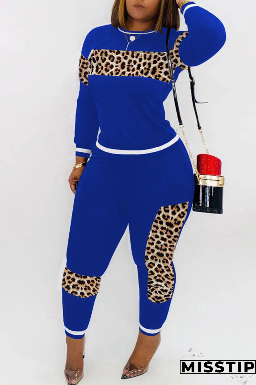 Blue Casual Print Patchwork O Neck Long Sleeve Two Pieces