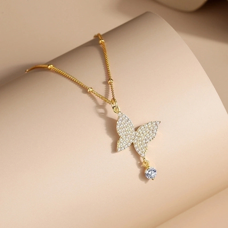 925 Sterling Silver Zircon Plating Inlay Butterfly Pendant Necklace
