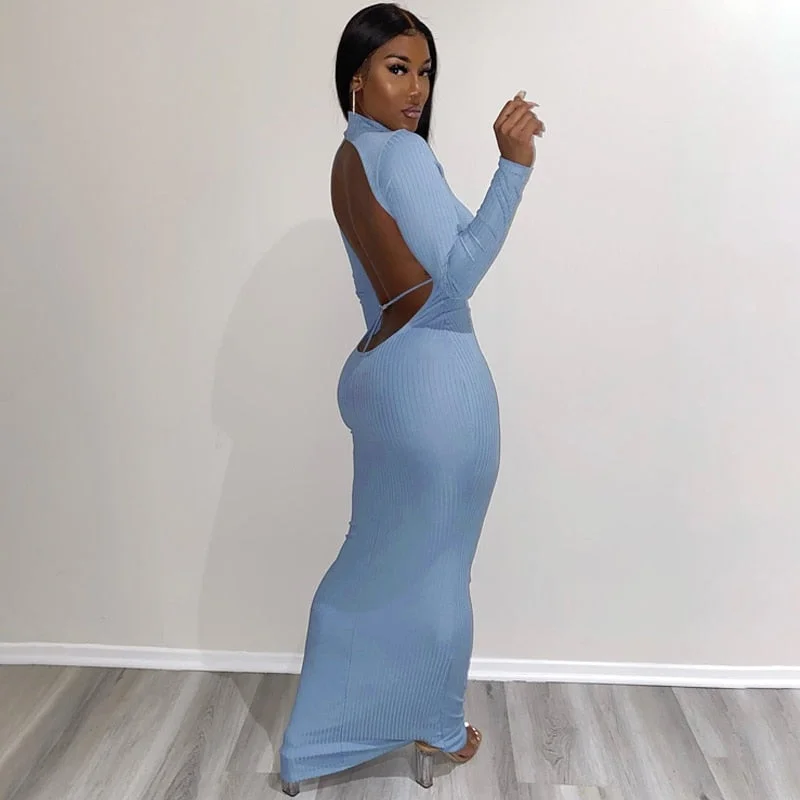 Hugcitar 2020 Long Sleeve Solid Backless Skinny  Ribbed Maxi Dress Autumn Winter Women Fashion Sexy Party Club Outfits