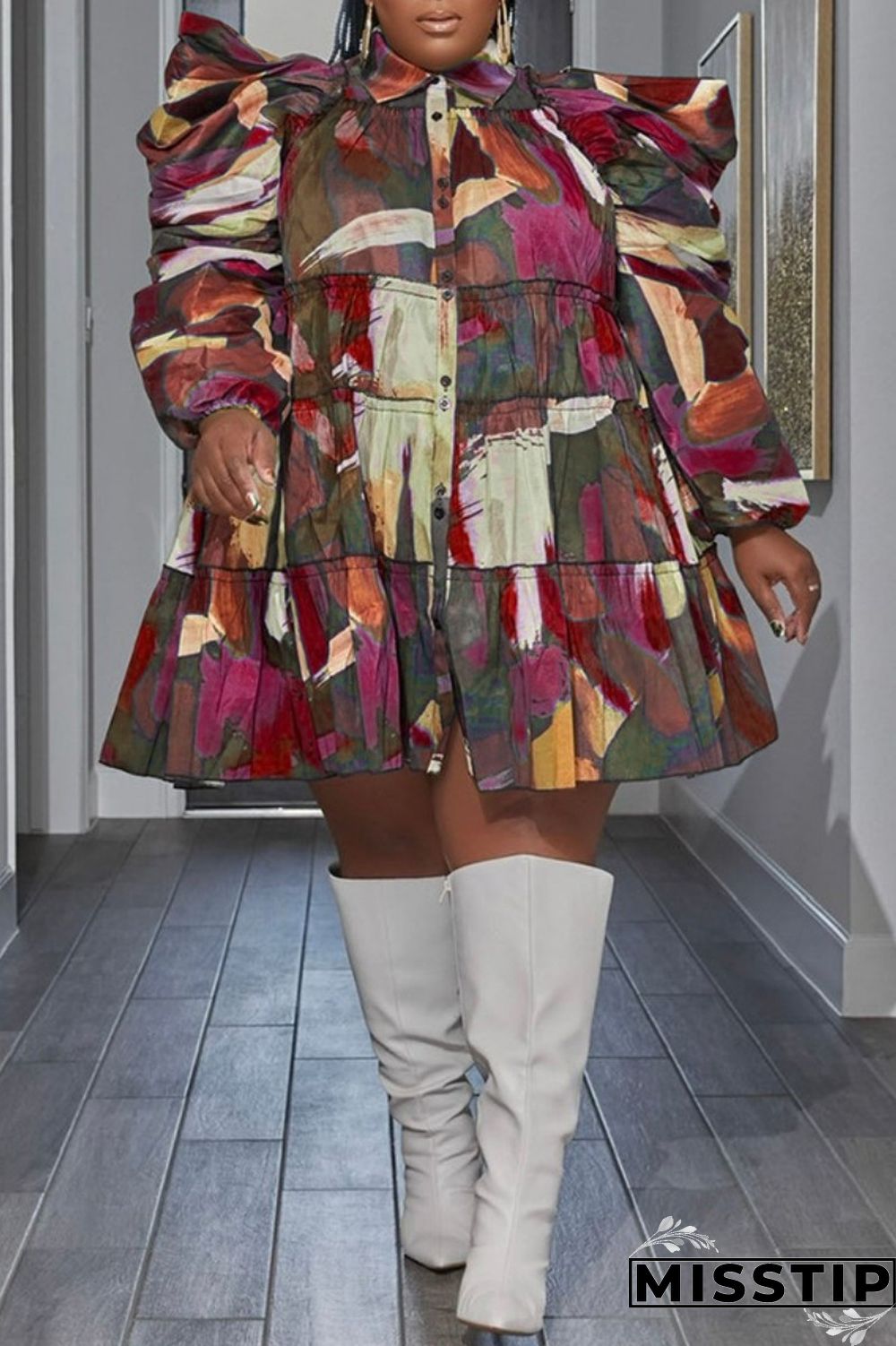 Orange Green Casual Print Patchwork Shirt Collar Shirt Dress Plus Size Dresses