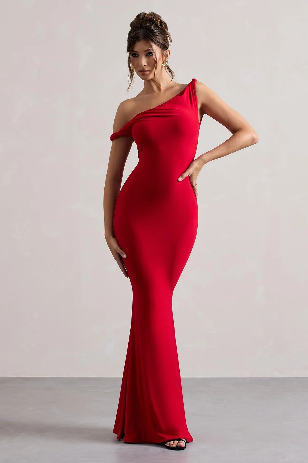 Miabel Simple Red Satin Off the Shoulder Sleeveless Slim Prom Dress with Pleated 