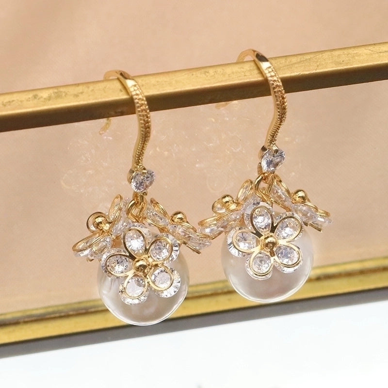 1 Pair 925 Sterling Silver Pearl Flower Drop Earrings