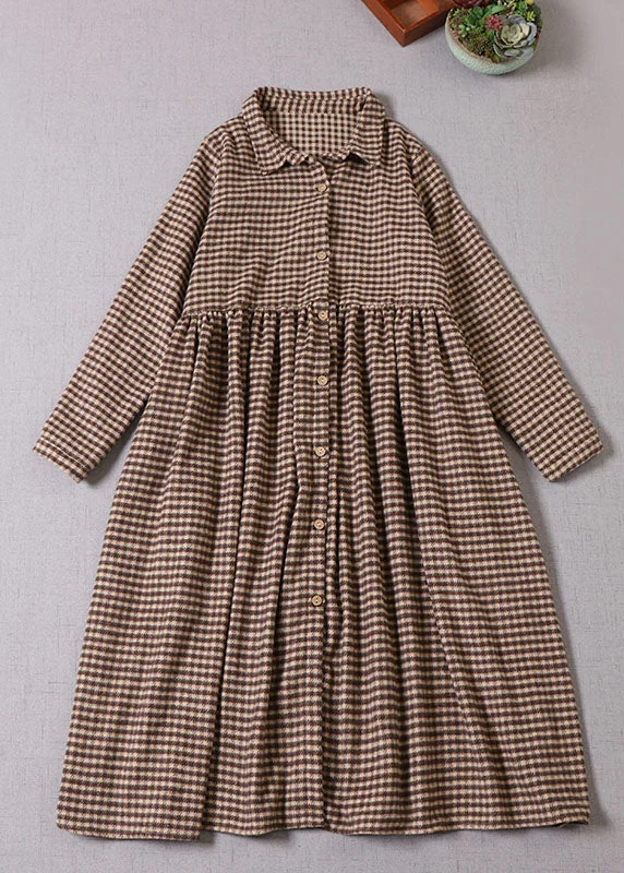 Women Coffee Plaid Peter Pan Collar Cotton Dress Winter