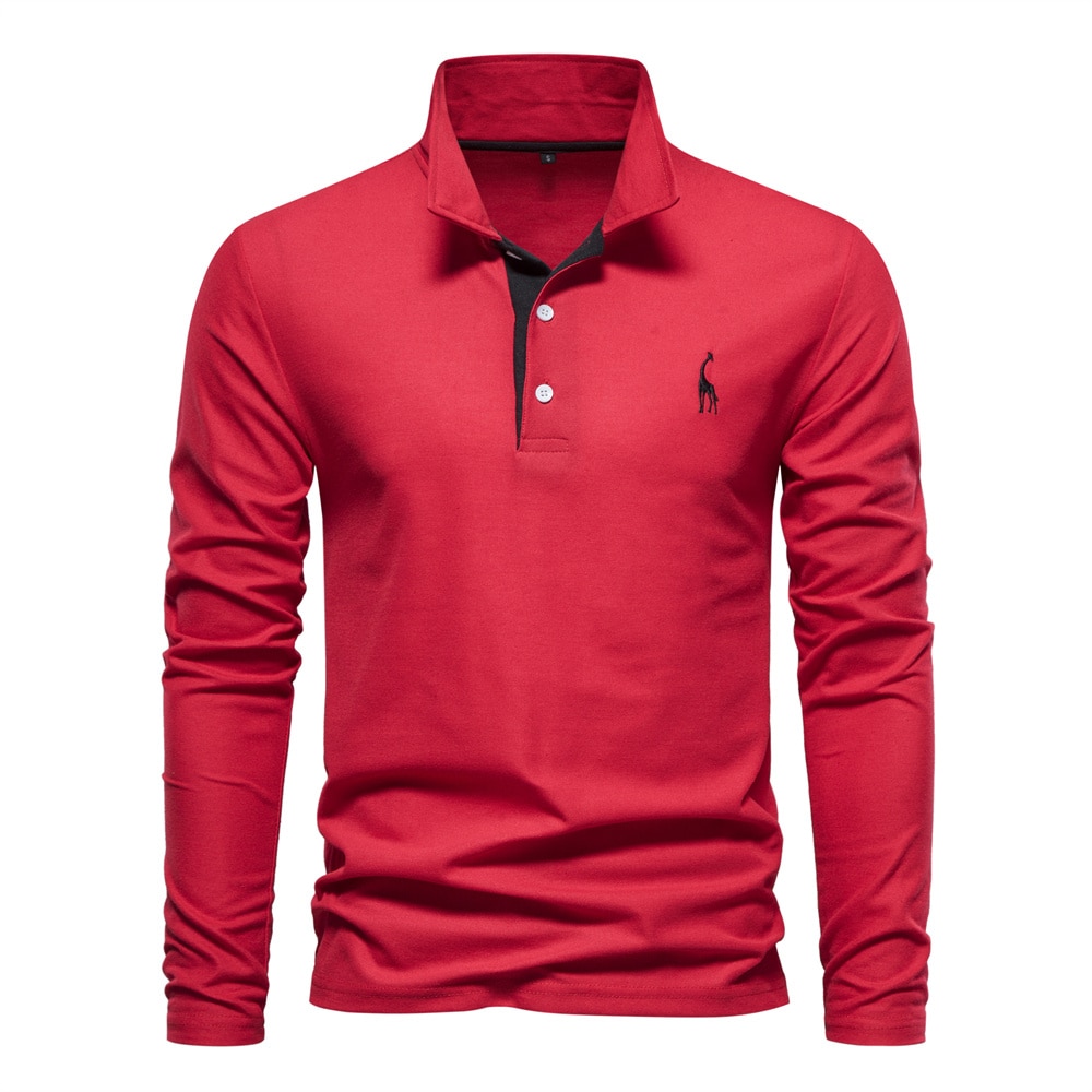 Men's Deer Embroidery Solid Color Long Sleeve Polo Shirt | ARKGET