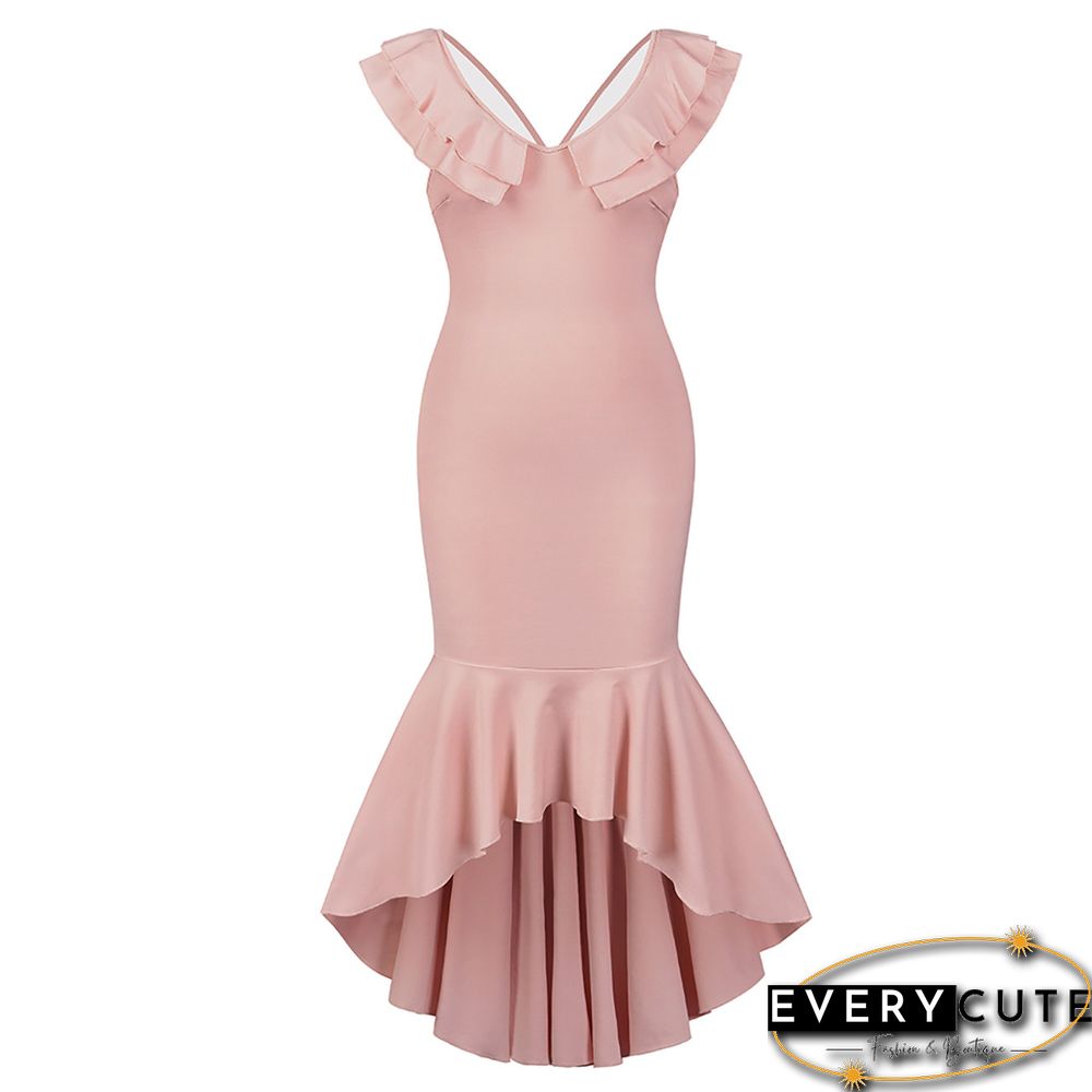 Pink Mermaid Hem Ruffle Sleeveless High Low Evening Dress