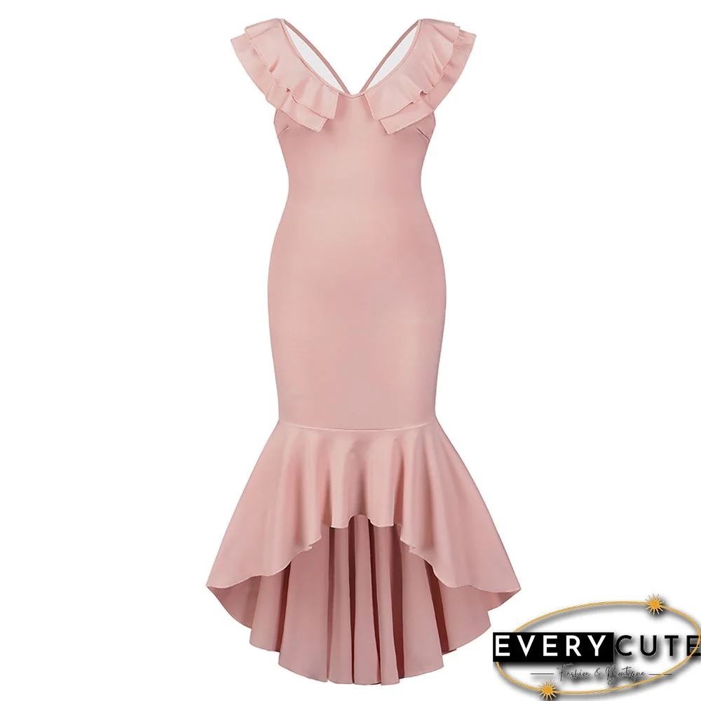 Pink Mermaid Hem Ruffle Sleeveless High Low Evening Dress