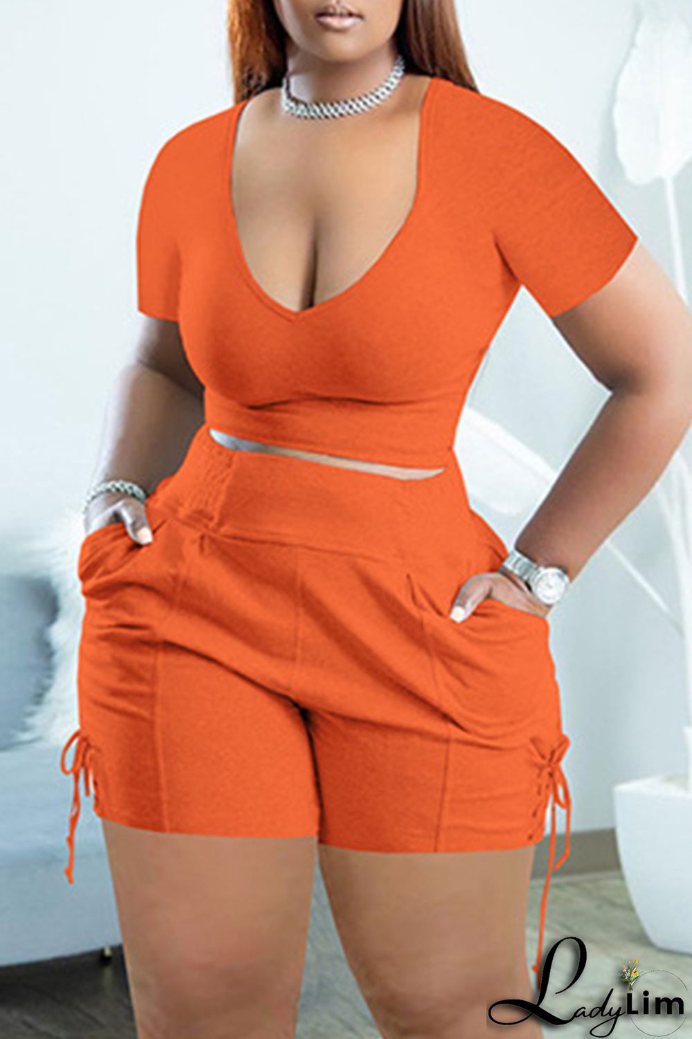 Black Fashion Casual Solid Bandage V Neck Short Sleeve Two Pieces