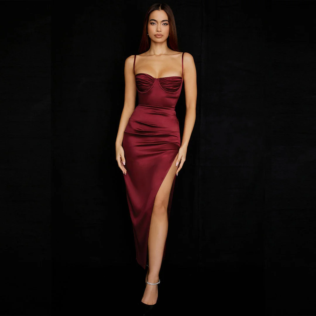 Glossy Satin High Slit Underwire Slip Cocktail Midi Dress - Red