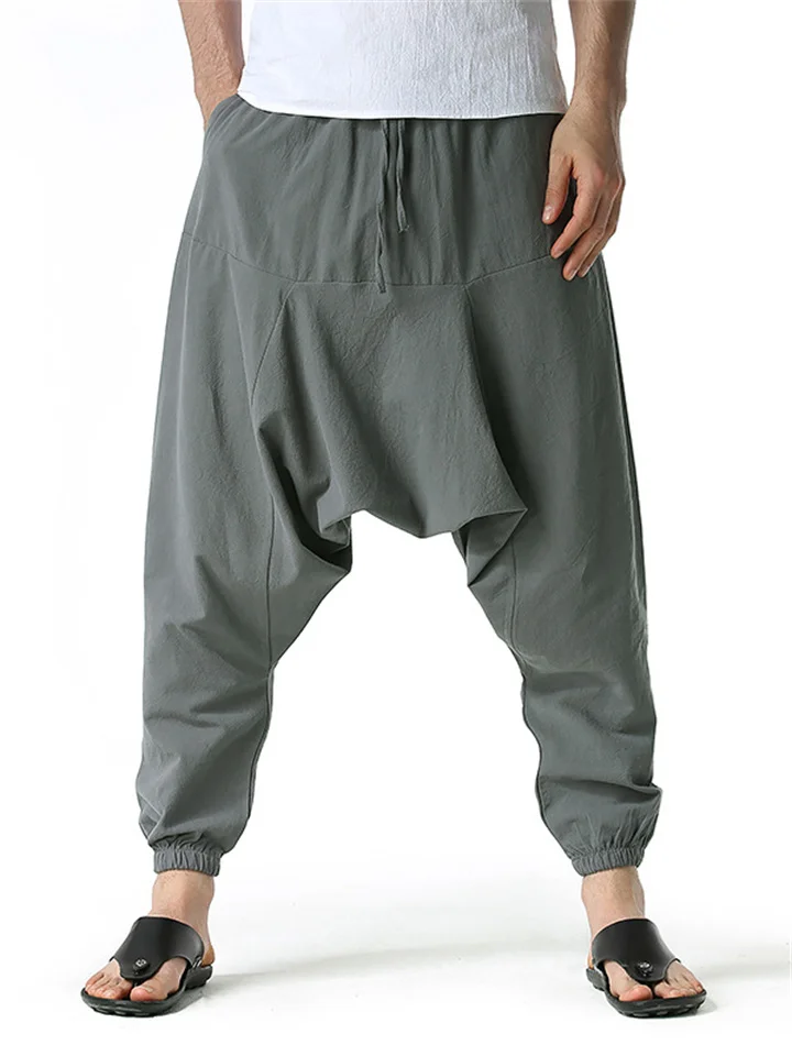 Men's Harem Linen Pants Trousers Summer Pants Baggy Drawstring Plain Full Length Casual Daily Linen / Cotton Blend Ethnic Style Boho Loose Fit Black Navy Blue-Cosfine