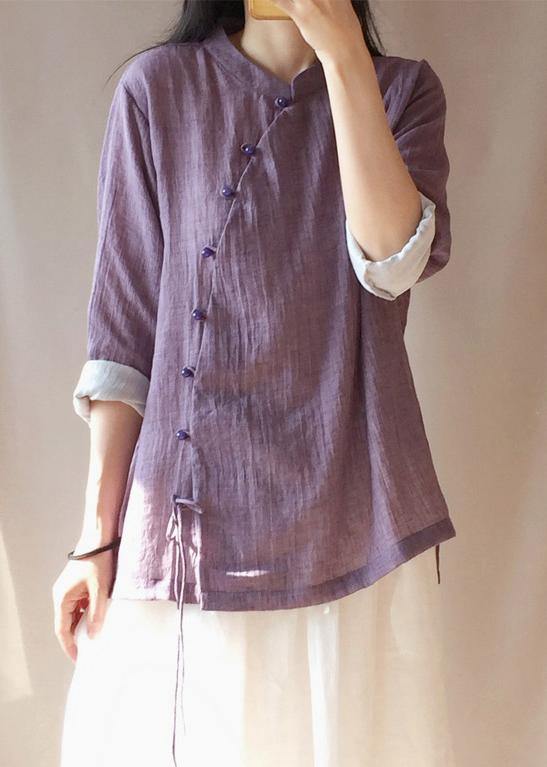 VCSHOES Purple Tops Women Blouses Stand Collar Button Down Clothing Blouse