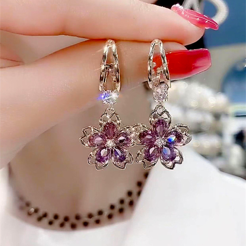 Launchpadint Purple Crystal Flower Pendant Zircon U-shaped Gold Color Stud Earrings for Women New Light Luxury Temperament Girl Birthday Gift