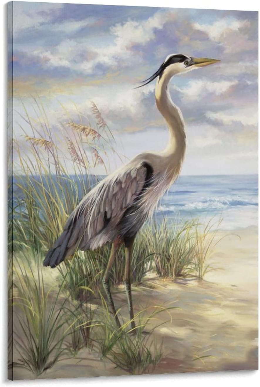 Posters Seabird Wall Art Coastal Heron Wall Art Beach on Blue Heron Wall Art Canvas Wall Art for Living Room Bedroom Office Kitchen Decor 08x12inch(20x30cm) Frame-Style 08x12inch(20x30cm)