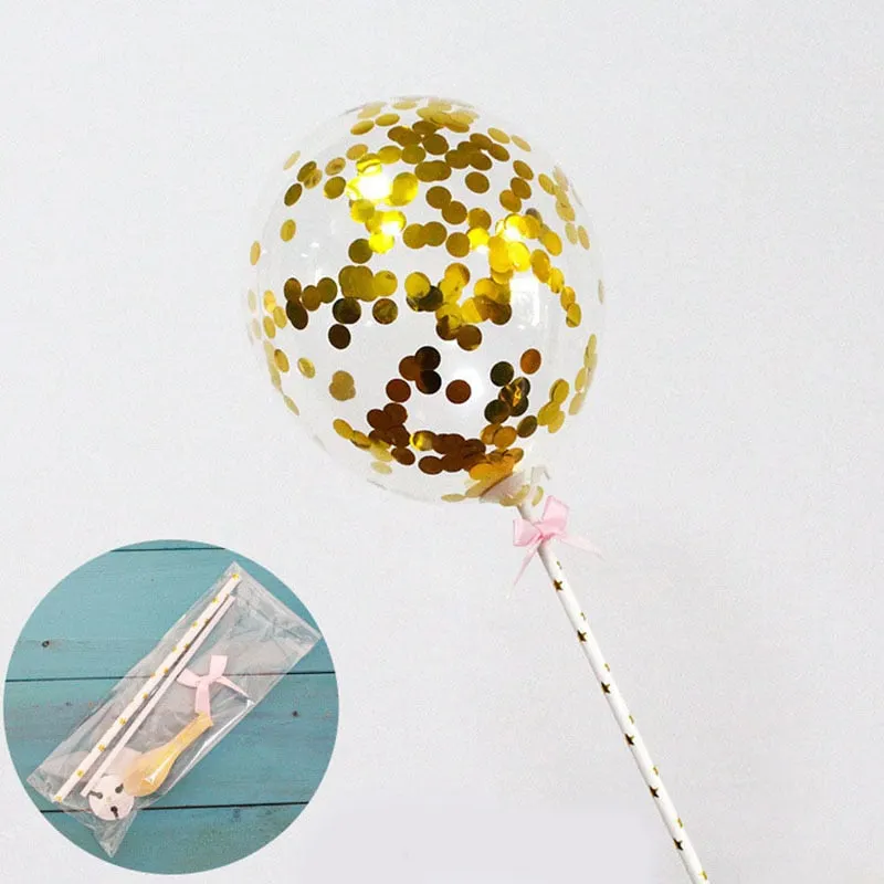 1 Set 5inch Confetti Balloon Cake Topper Decoration with Paper Straw Bow Baby Shower Favors Wedding Birthday Party Supplies