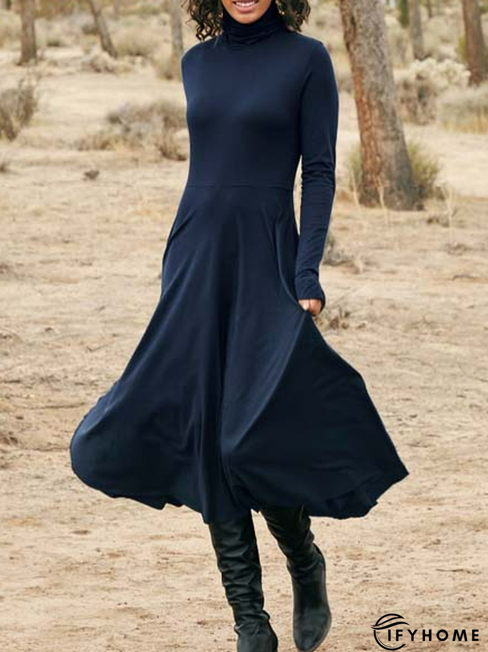 Casual Plain Regular Fit Turtleneck Dress | IFYHOME