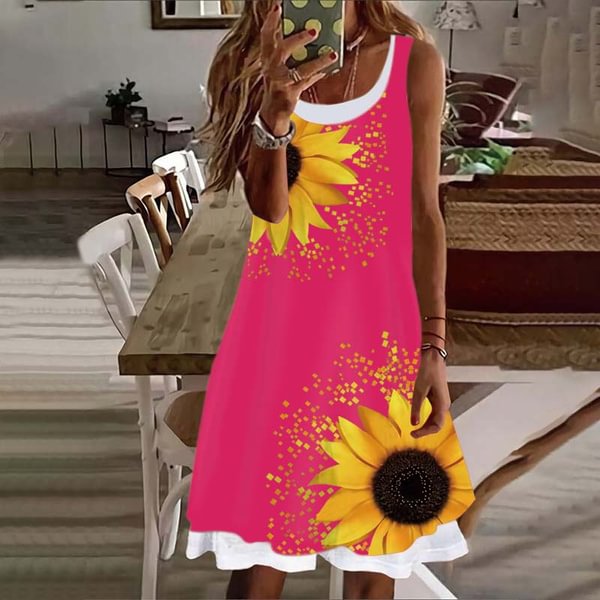 Women's Dress Summer New Fashion Women's Sunflower Fake Two Pieces Printed Sleeveless Casual Soft and Comfortable Plus Size Dress S-5XL - Shop Trendy Women's Fashion | TeeYours