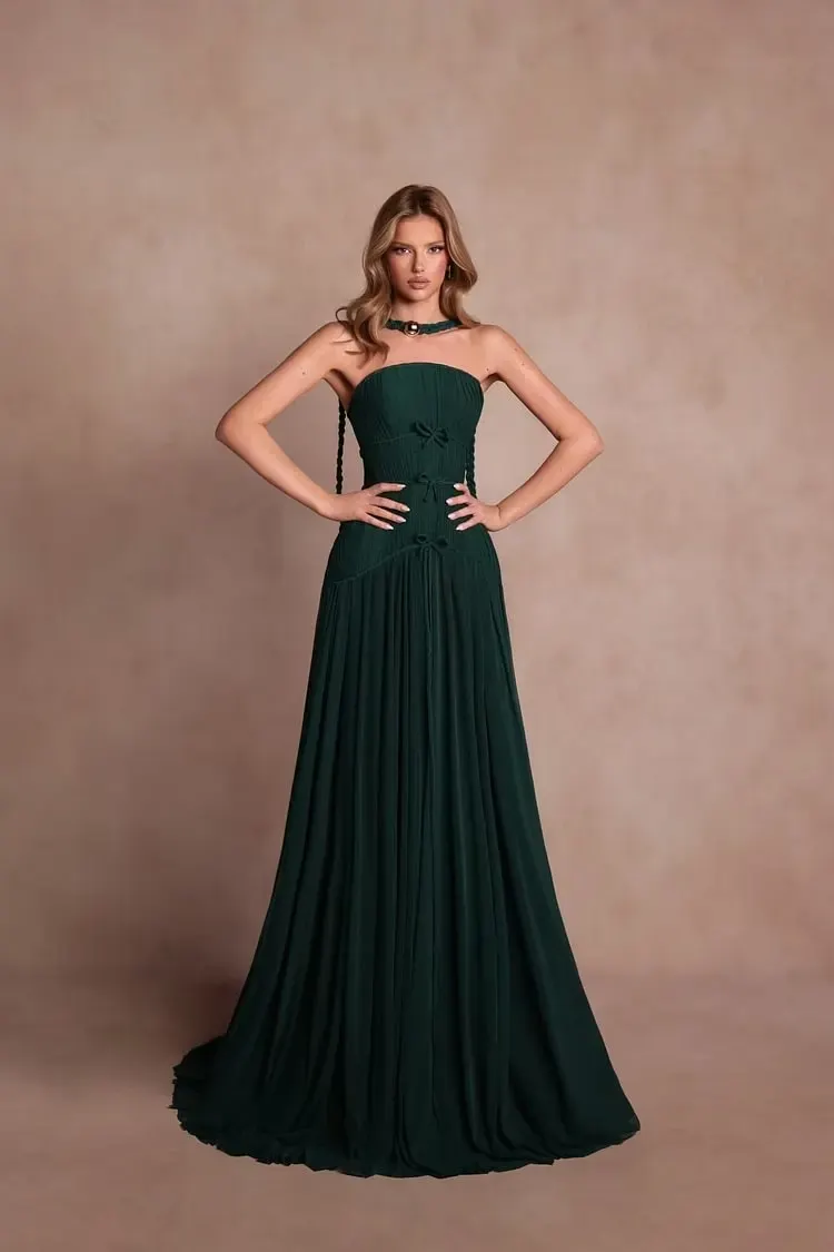 Lussooy Chic Dark Green Chiffon Strapless Bow Sleeveless Pleated Prom Dress