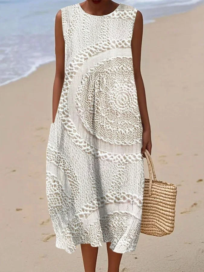 Women's Casual Printed Round Neck Sleeveless Dress 