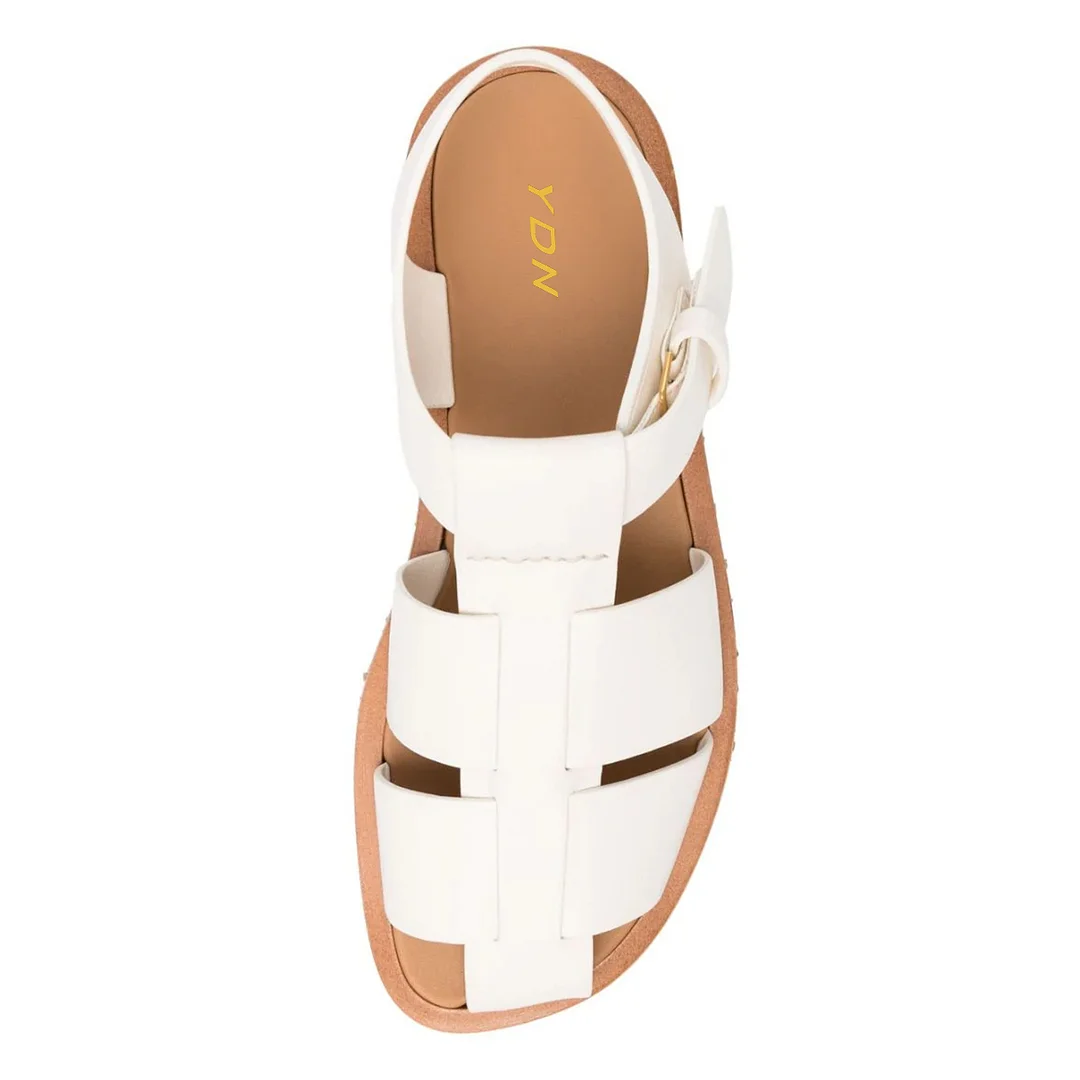 Women's Vegan Leather Round Toe Cage Flat Ivory Comfy Sandals
