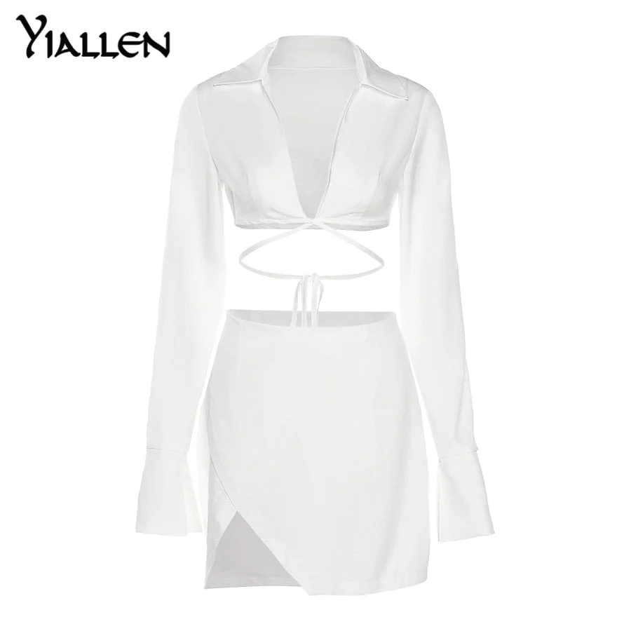 Yiallen Fashion Bandage Two Piece Set Women Skirt Criss Cross Ribbons Shirt Long Sleeve Polo-Neck Top+Loose Side Slit Outit