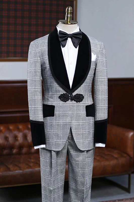 Steward Gray Plaid Knitted Button Wedding Suit For Bridegrooms