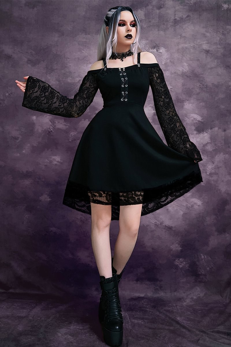 Gothic Black Party Patchwork Lace Off The Shoulder Long Sleeve Lace Up Mini Dress