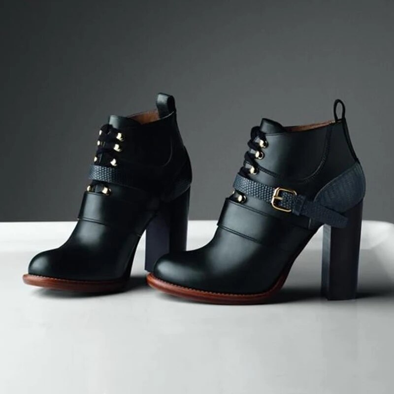 TAAFO Black Round Toe Ankle Boots Buckle Buckle Strap Block Heel Booties 