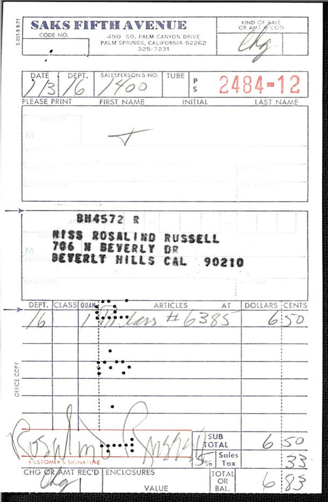 ROSALIND RUSSELL (DECEASED) SIGNED RECEIPT FROM SAKS 5TH SIGNED JSA COA #P41801