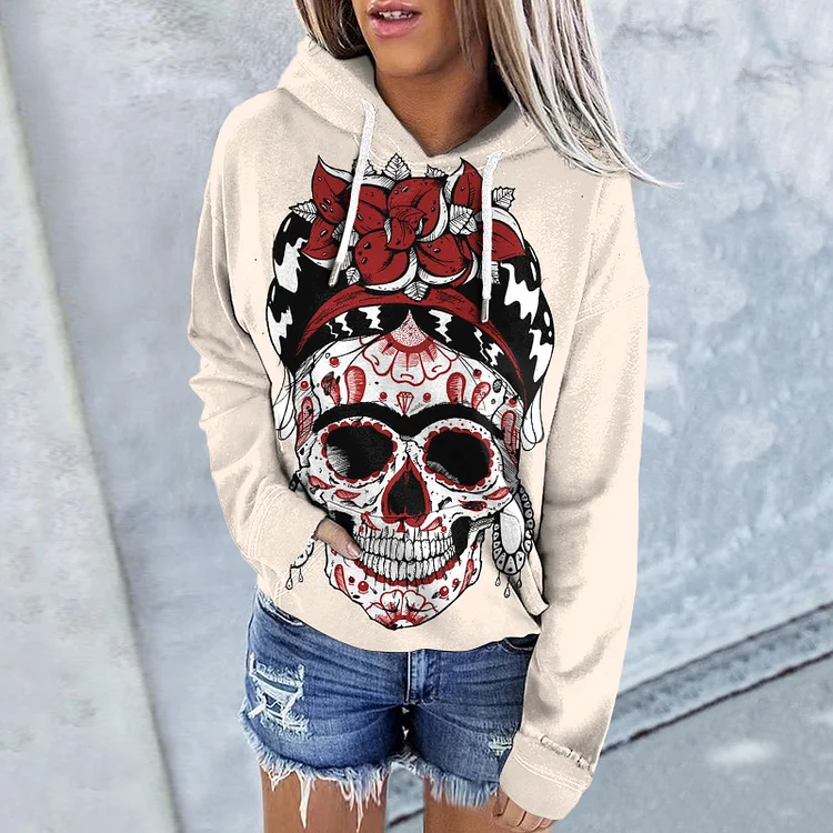 Wearshes Casual Floral Queen of the Dead Print Hoodie