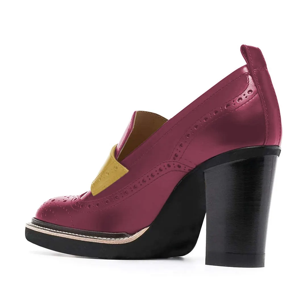 Magenta & Yellow Perforated Detail Loafer Heels with Round Toe