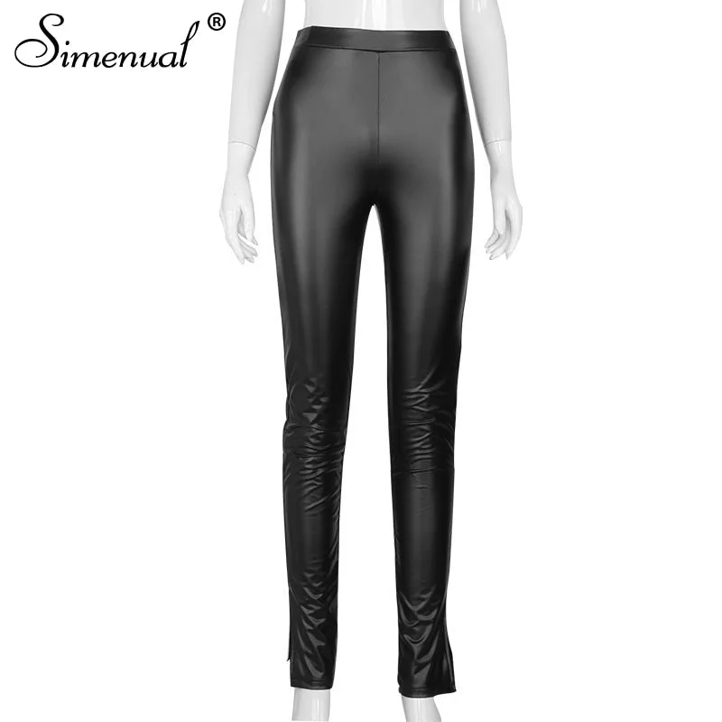 Simenual Faux PU Leather Women Pencil Pants Side Split Skinny Bodycon High Waist Tight Trouser Black Fashion Fall 2021 Clothing