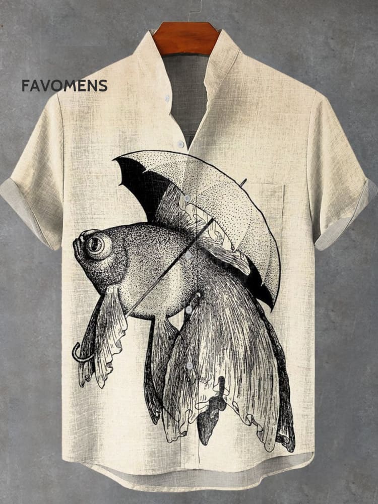 Goldfish With An Umbrella Vintage Print Casual 100% Cotton Shirt Multicolor / S