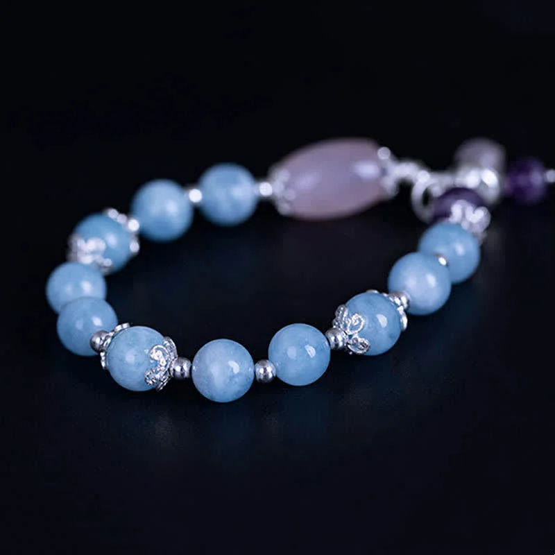 925 Sterling Silver Natural Aquamarine Amethyst Lotus Healing Charm Bracelet