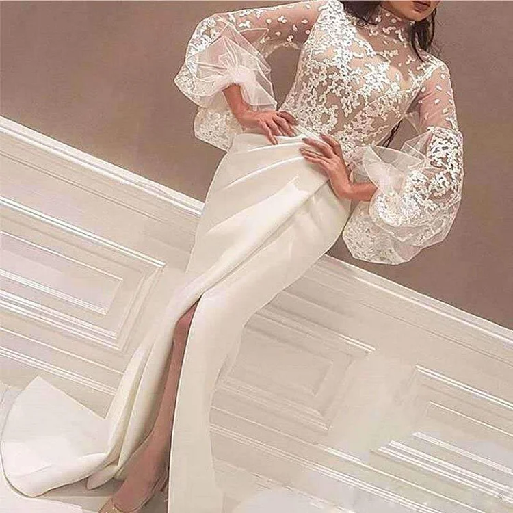 Promsstyle Lace embroidery high neck puff sleeves slit maxi dress Prom Dress 2023