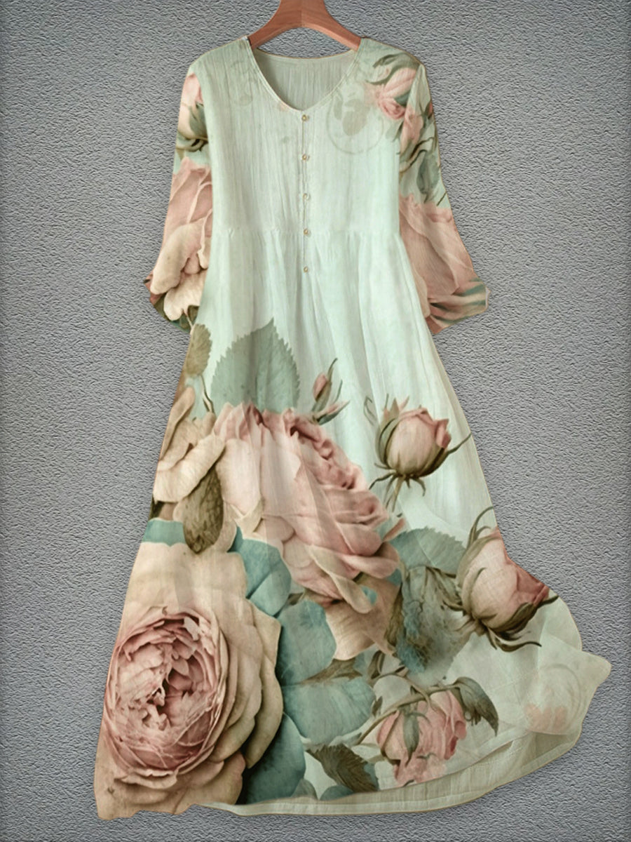 Retro Pink Floral Print Round Neck Button Long Sleeve Midi Dress