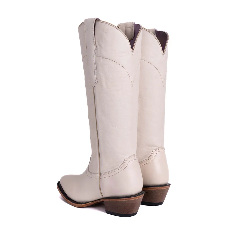 YDN Women's White Classic Round Toe Chunky Heel Cowgirl Boots