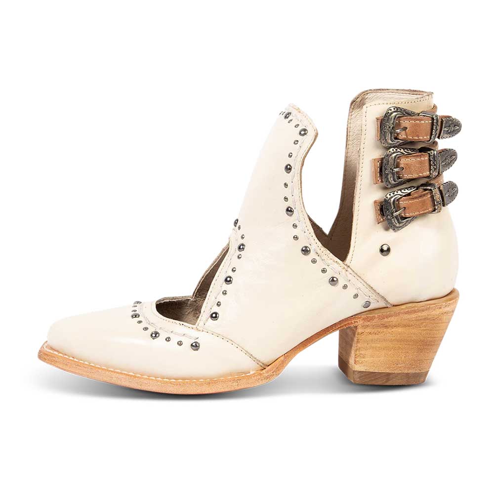 Beige Closed Toe Studded Hollow-Out Block Heel Side V Cut Ankle Boots Nicepairs