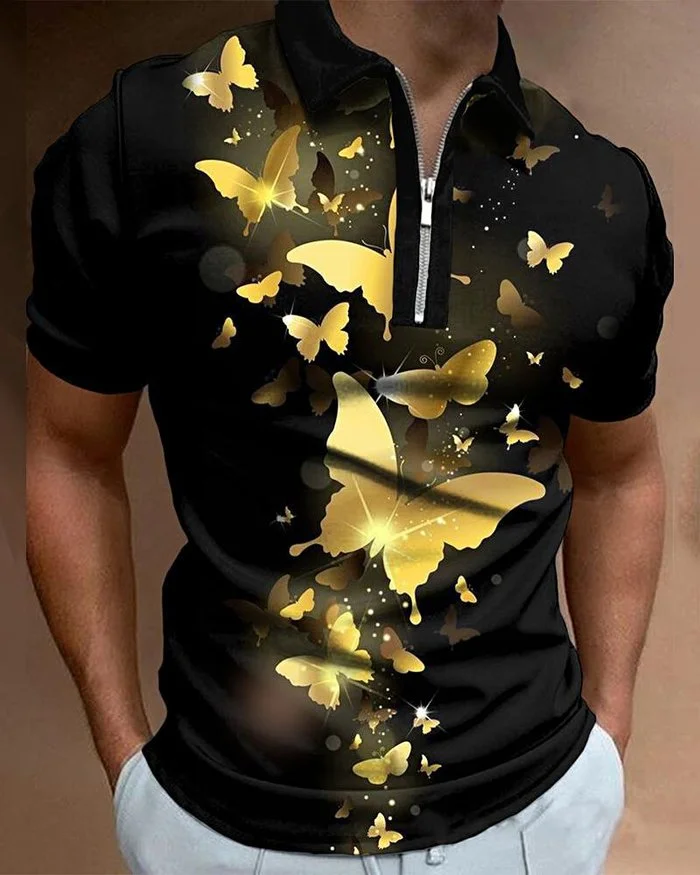 Modisches, schwarzes, lässiges, mit Schmetterlingen bedrucktes Poloshirt