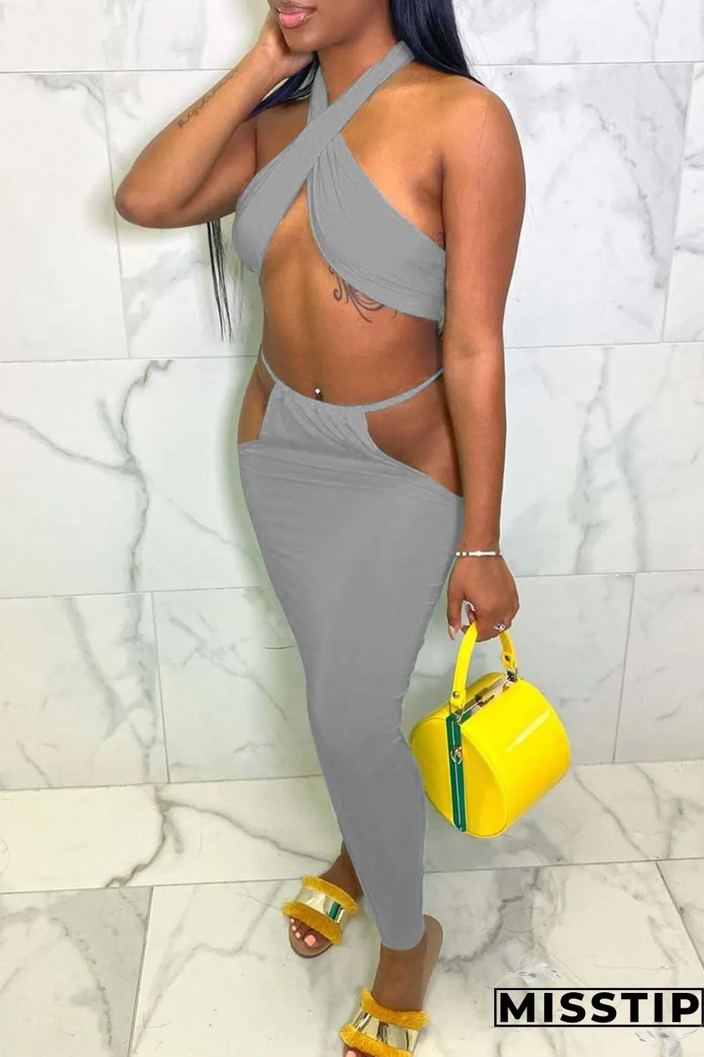 Blue Sexy Solid Hollowed Out Backless Halter Sleeveless Two Pieces